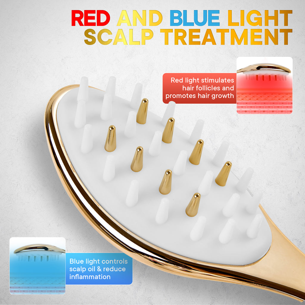 Multi‑Function Red & Blue Light Scalp Care Brush – EMS Microcurrent, Vibration Massage, Gold‑Plated Pins, USB‑C Rechargeable, Customizable Colors
