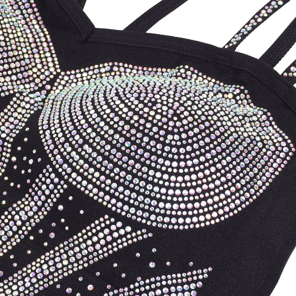 Black Rhinestone Double‑Strap Camisole – Sparkling Cropped Party Top