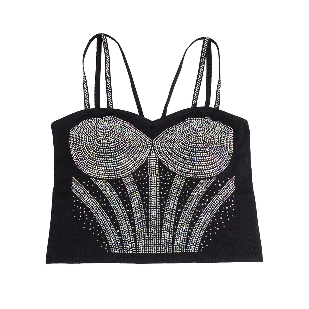 Black Rhinestone Double‑Strap Camisole – Sparkling Cropped Party Top