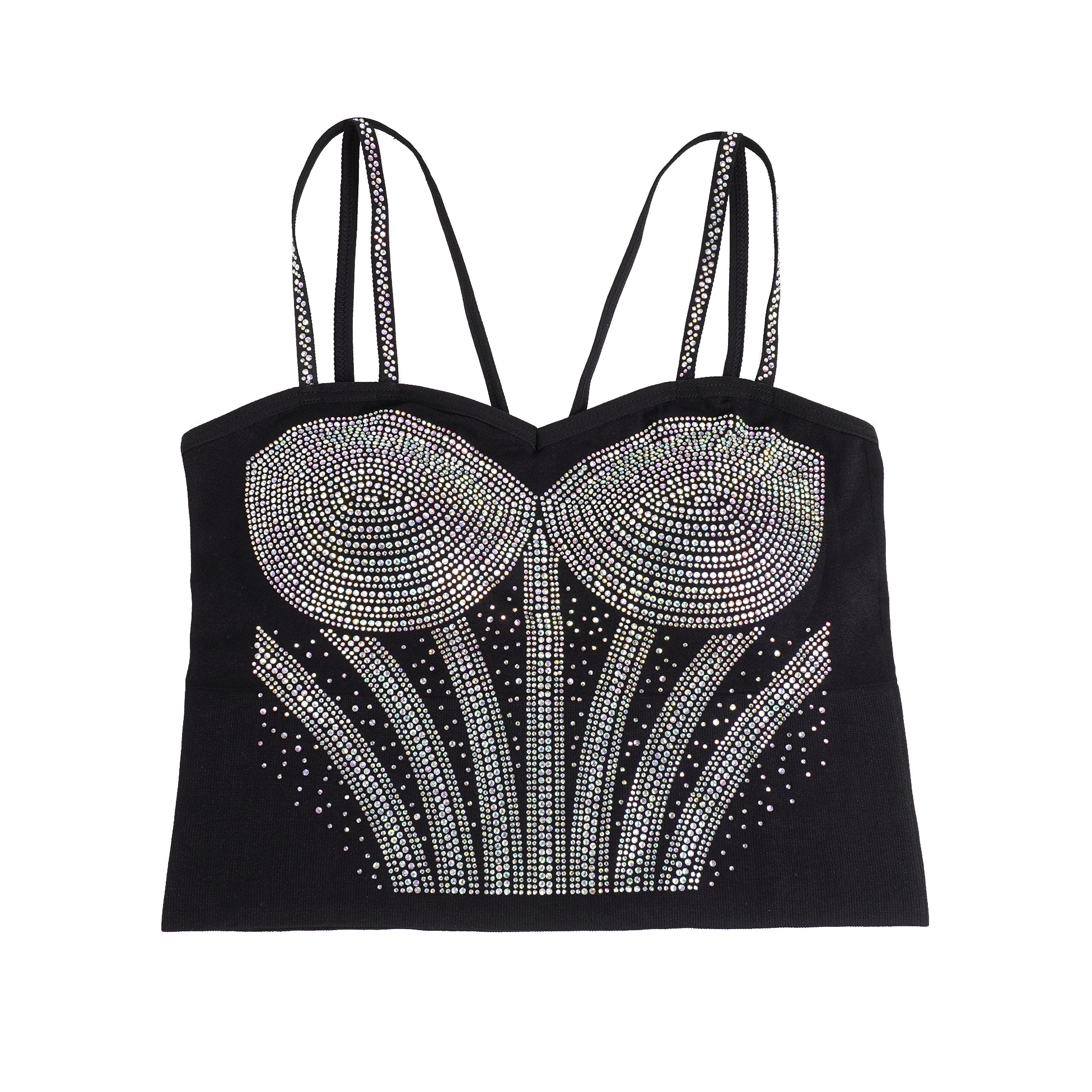 Black Rhinestone Double‑Strap Camisole – Sparkling Cropped Party Top