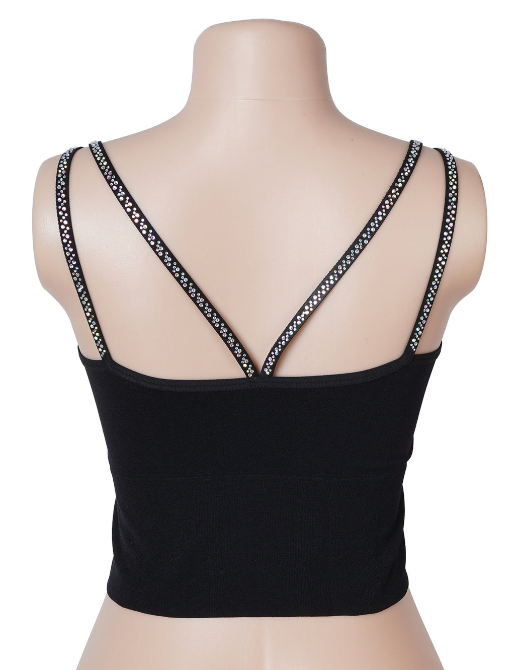 Black Rhinestone Double‑Strap Camisole – Sparkling Cropped Party Top