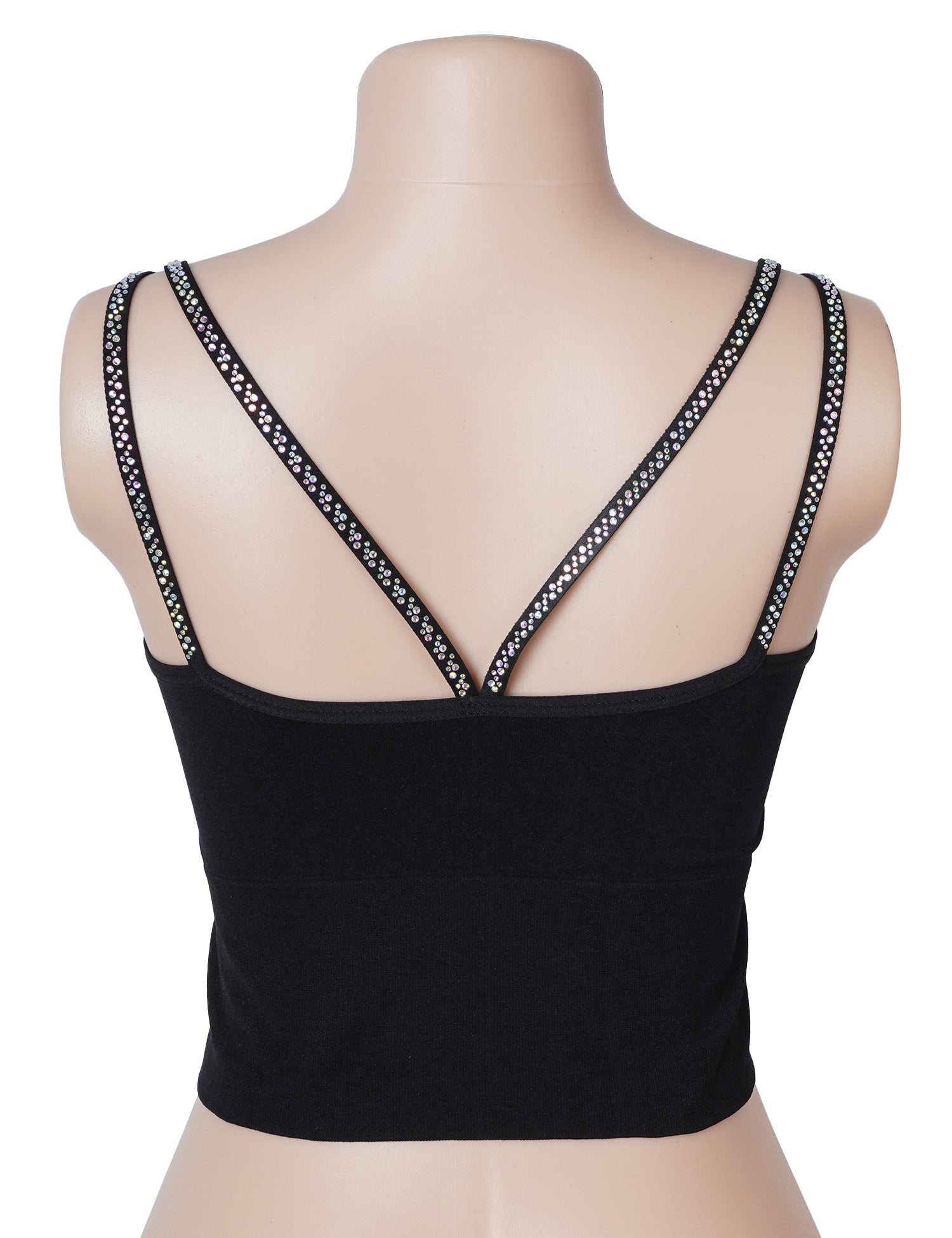 Black Rhinestone Double‑Strap Camisole – Sparkling Cropped Party Top