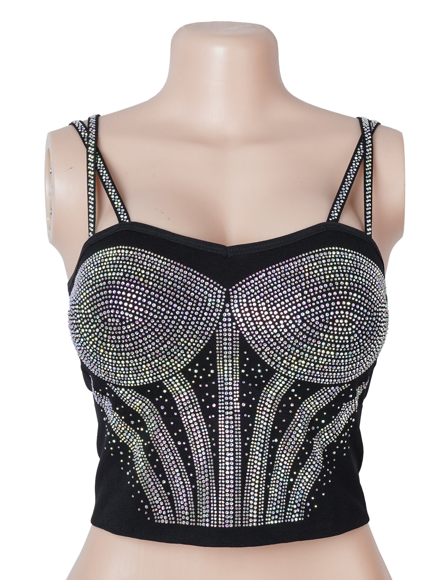 Black Rhinestone Double‑Strap Camisole – Sparkling Cropped Party Top